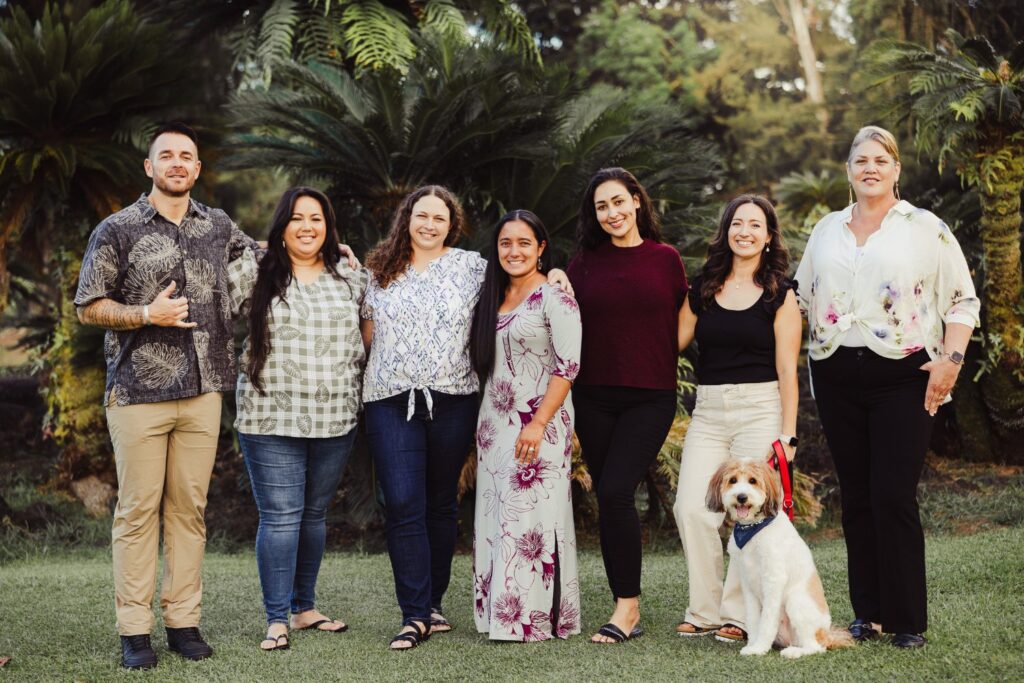 Brighter Bound team of therapists, LMHC and LCSW, in Hawaii with Mochi the therapy dog